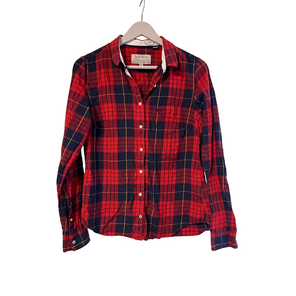 Jack Wills Red Navy Plaid Cotton Button Down Shirt Classic Fit US 8 UK 12